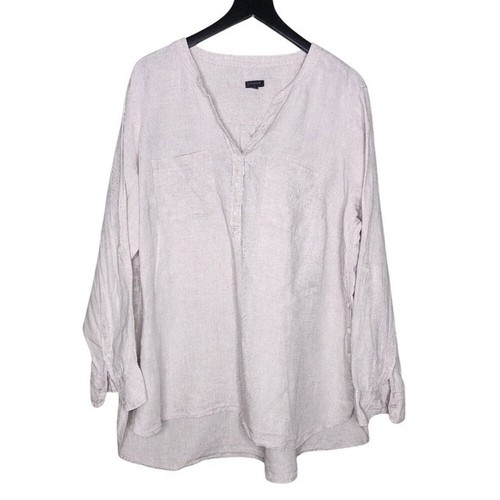 Talbots Plus Size Linen Shirt Coastal Beach Beige Popover Shirt V Neck 2X - Picture 1 of 9