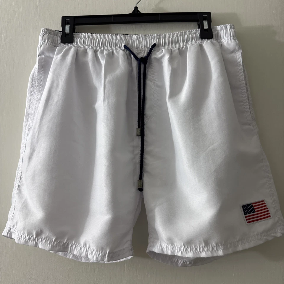 Bañador Exist Swim Hombre Blanco Mediano Bandera EE. UU. Parche Malla Forro Cordón Foto 3 de 4