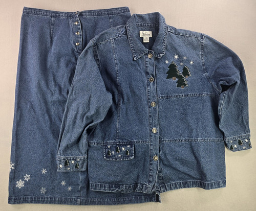 CJ Banks Women's 2pc Denim Suit Skirt Christmas Snow (Skirt Size 18W Top Sz 20W) - Picture 2 of 20