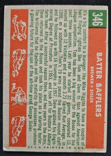 1959 Topps #346 Tom Brewer Dave Sisler Boston Red Sox Batter Bafflers - Picture 2 of 2