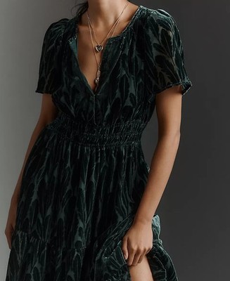 anthropologie somerset dress green Velvet Maxi XS Smocked Boho and everyday