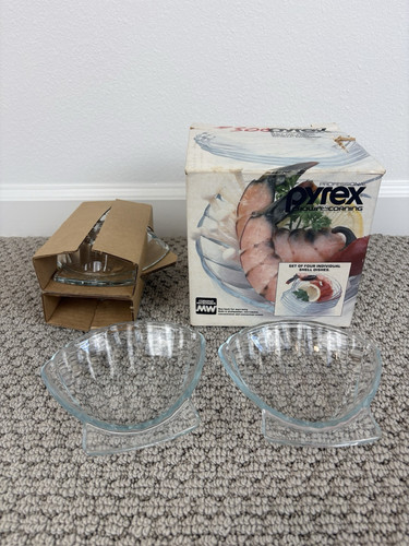 Vintage Pyrex 4er Set Glasschale Jakobsmuschel Dippschalen stapelbar 5" mit Box