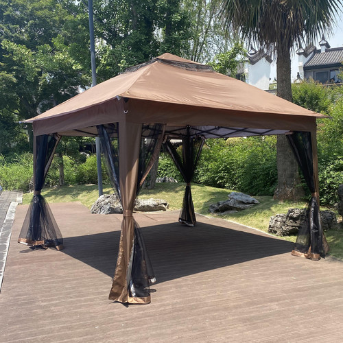 Outdoor 11x11 Pop Up Gazebo Canopy Tent with Zipper Netting and Sandbags Brown - Picture 3 of 12