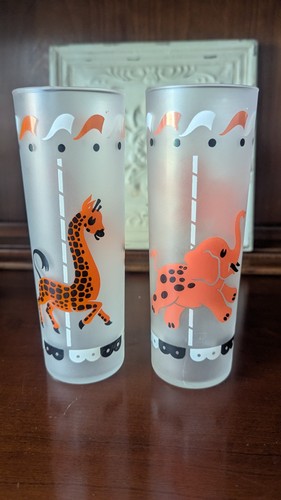Vintage Libby Circus Carousel 50’s Tom Collins Frosted Drinking Glasses Set Of 6 - Picture 5 of 11