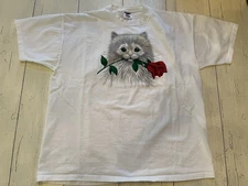 Vintage Jerzees White 100% Cotton Kitten Kitty Cat w/ Red Rose T-Shirt Size L