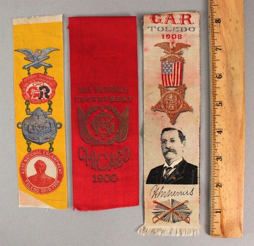 3 Antique 1908 Civil War Grand Army Republic GAR Encampment Silk Ribbons Awards