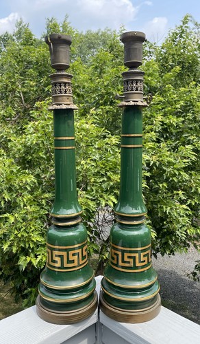 Pair Vintage Deco Hollywood Regency Gilt Greek Key Green Glass Torchiere Lamps - Picture 23 of 23