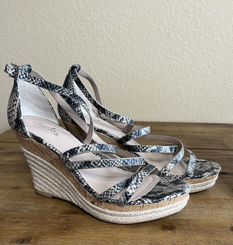 Charles David Size 8 Espadrille Peep Sandals Snakeskin Cork Wedge Heel Platform