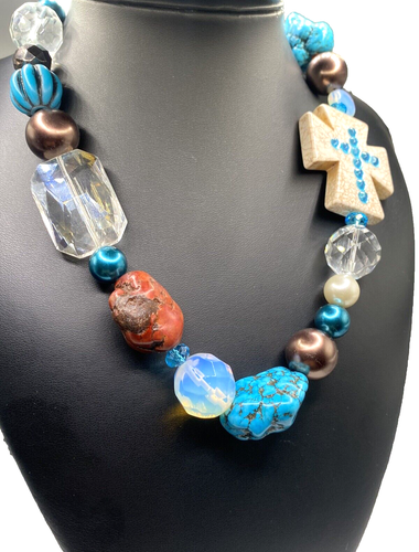 Large Howlite Cross gemstone necklace, Turquoise Magnesite Opelite Crystal Glass - Picture 4 of 9