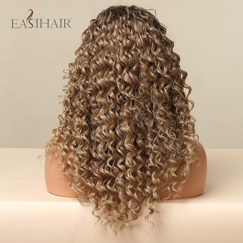 Long Curly Lace Front Wig Ombre Black Brown Curly Synthetic Wig Heat Resistant - Picture 12 of 26