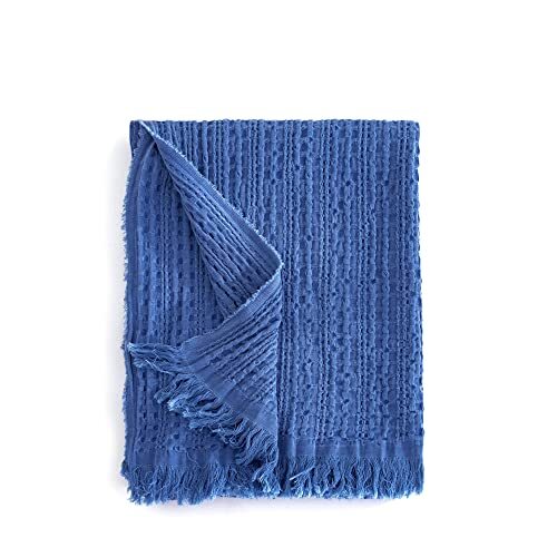 100% Cotton Throw Blanket for Couch, Bed, Waffle Weave Cable Knit Blanket Blue - Picture 4 of 8