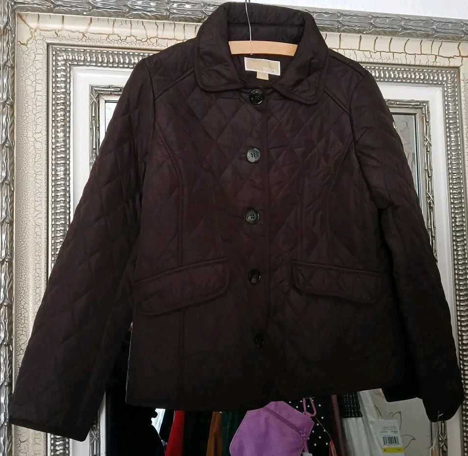 Nuovo cappotto corto MICHAEL KORS donna marrone choc trapuntato foderato in pile colletto UK M
