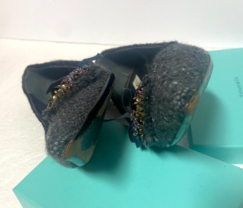 RARE Prada Heeled Mules Gray Bow Purple Rhinestone Embellished Tweed Size 37 7 - Picture 6 of 17