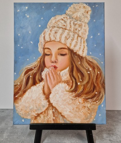 Portrait of a Girl in Winter Hat, ORIGINAL PAINTING OIL, 12x16 inch, WALL ART