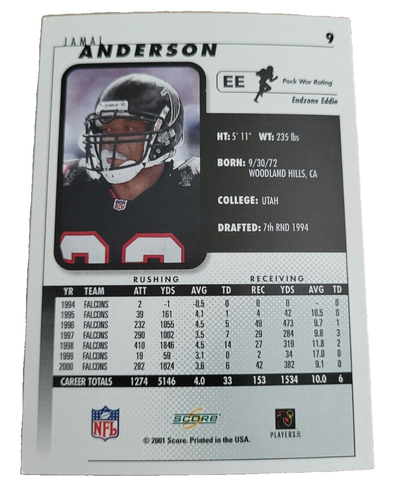 2001 Score Jamal Anderson #9 Atlanta Falcons NFL Football Card (H4 - Picture 2 of 2