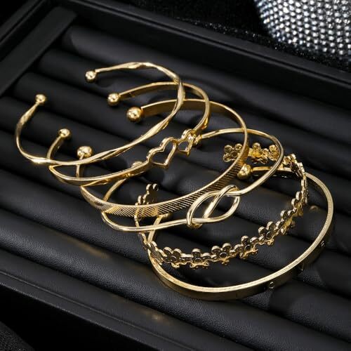 Gold Bangle Bracelets for Women, 14k Gold Plated Multi Layer 6PCS Love Flowers - Picture 5 of 7