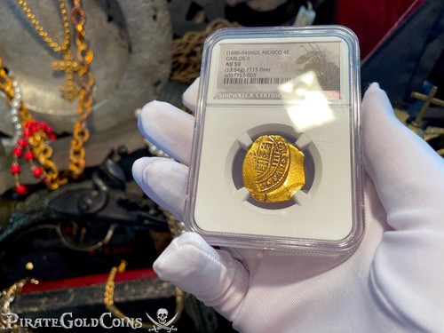 MEXICO 4 ESCUDOS "JEWELED CROSS! 1715 FLEET SHIPWRECK" NGC 50 PIRATE GOLD COINS - Picture 4 of 12