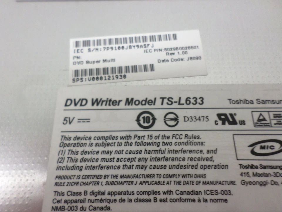 Dell Inspiron M5010 8X DVD±RW DL SATA Burner Drive TS-L633 DP/N 5887G (A49-27) - Image 2 of 4