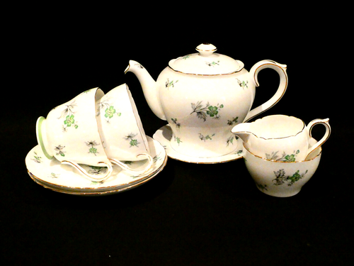 Vintage Shelley 1950's Bone China Tea for Two Tea Set 8 Piece Green Charm 13752 - Picture 17 of 23