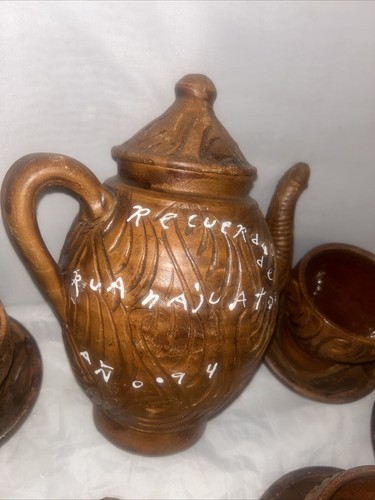 Rare 1990's 14 PC handmade Clay Tea Set Elephant Teapot cups saucers-Signed - Picture 2 of 9