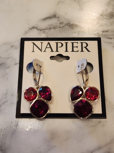 Napier Red Gemstone Drop Earrings With Gold-Tone Finish