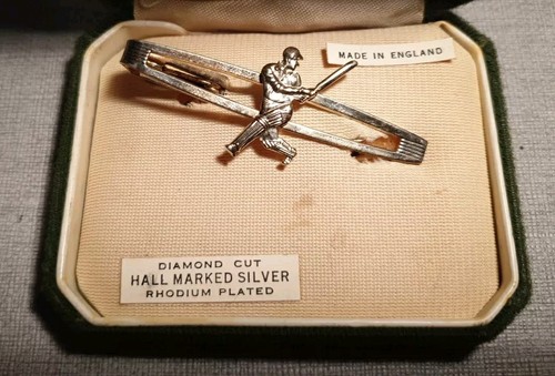 Vintage Nippy Clip Tie Clip Cricket Player Diamond Cut Rhodium Plated - Picture 2 of 5