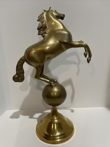 Antique Vintage bronze Color Metal horse stallion Globe Ball trophy statue16” - Picture 3 of 12