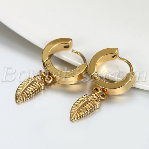 Mens Women Stainless Steel Feather Drop Dangle Huggie Hinged Hoop Studs Earrings - Picture 8 of 30