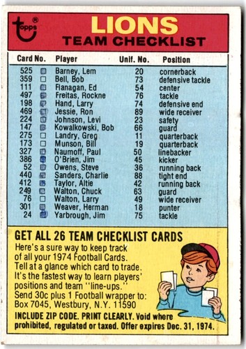 1974 Topps #NNO Detroit Lions Team Checklists - Picture 1 of 2