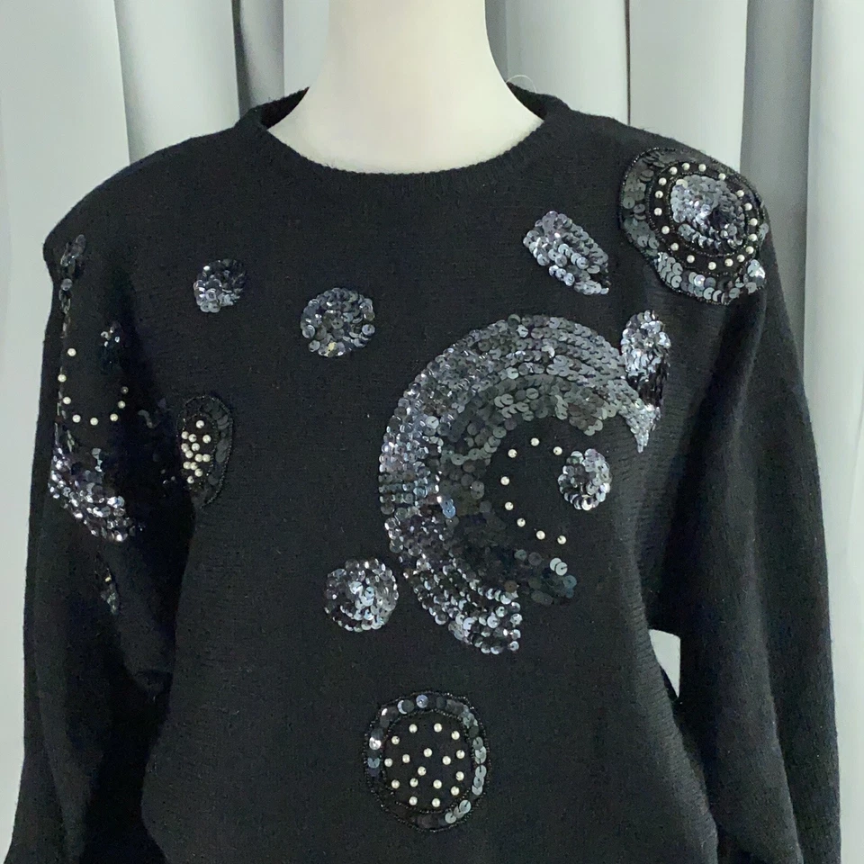Suéter Carducci Vintage Mujer Grande Negro Lentejuelas Hombreras Años 90 Vacaciones Foto 2 de 4