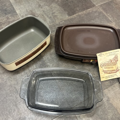Vintage West Bend Slow Cooker Crock Pot 4Qt Tan Wood Grain Brown Glass Rockcote - Picture 6 of 16