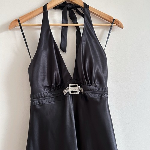 Vintage 90s y2k Black Satin Halter Dress Diamanté Belt Miss Me Slip - Picture 13 of 14