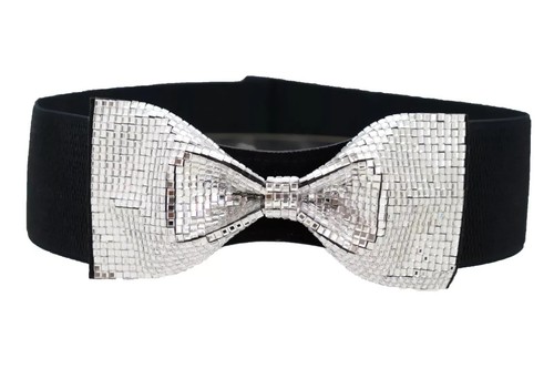 Women Prom Dance Silver Bow Tie Bling Ribbon Buckle Belt Black Elastic Band S M - Picture 4 of 14