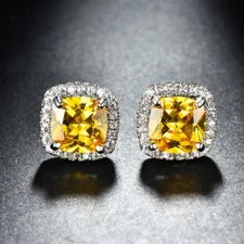 Natural Handmade Square Cut Golden Citrine Gemstone Silver Stud Hook Earrings