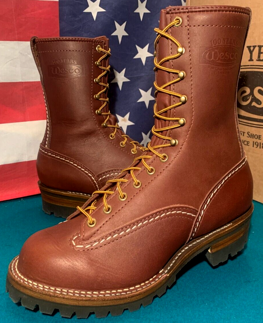 Wesco Men's Size 9 1/2 D Jobmaster Brown Logger Made in USA Wesco Men's Size 9 1/2 D Jobmaster Brown Logger Made in USA