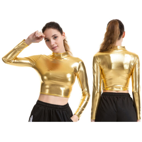 T-shirt donna manica lunga metallizzata lucida effetto bagnato crop top rave clubwears - Foto 30 di 54
