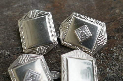 Antique Circa 1930's Deco 14k White Gold & Accent Diamond Cufflinks - 3.7 Grams - Picture 4 of 9