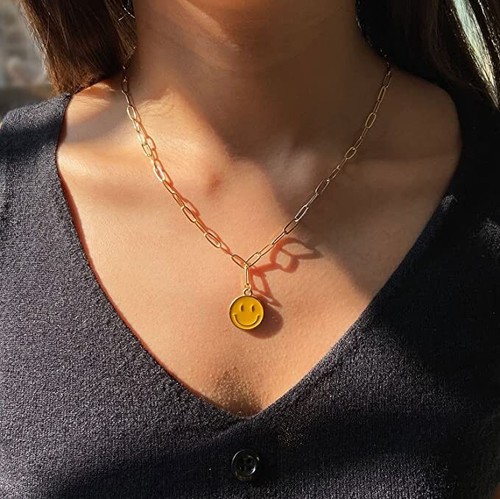 Yellow Smiley Face Paperclip Necklaces, Gold Chain - Positive Happy Jewelry - Picture 3 of 5