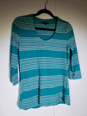 TOMMY HILFIGER SZ M HEAVY JERSEY STYLE PULLOVER SCOOP NECK AQUA & GRAY STRIPE