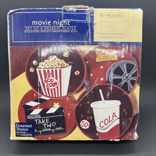 ✅ Gourmet Basics by Mikasa Collectible Dessert Plates Movie Night Set of 4 NEW - Picture 12 of 15