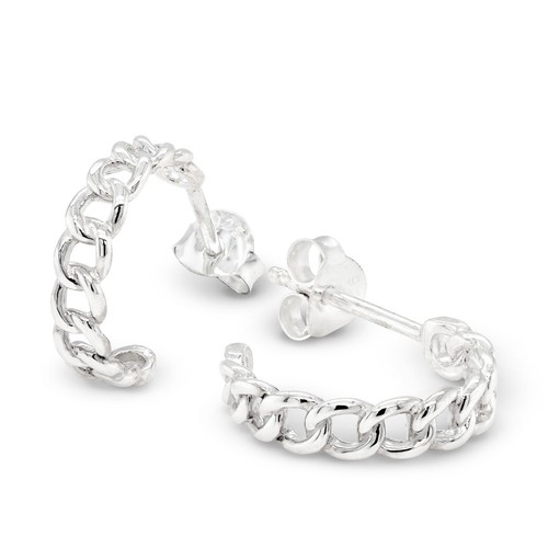 Curb Chain Curved Loop Sterling Silver 925 Stud Earrings - Picture 5 of 7