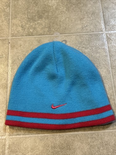 Nike Women’s Beanie Reversible Pink And Blue Stripes And Swoosh Logo - Picture 4 of 8