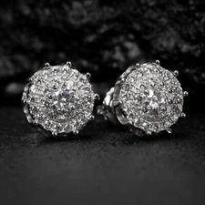 Round Spiked Cut 925 Sterling Silver Circle Cluster Stud Screw Back Earrings