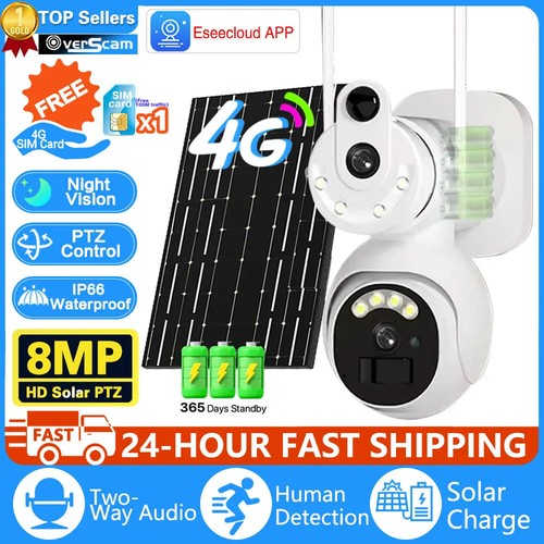 4G SIM Solar Security Cameras Wireless Outdoor 8MP 4K HD Video Surveillance