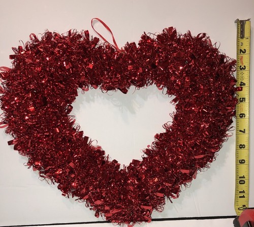 Valentine's Day Red Heart Shape Tinsel Garland Wreath Door Hanger Wall Décor 12” - Picture 2 of 7