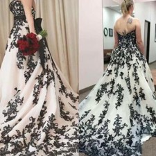 Gothic Wedding Dresses Black White Lace Applique Backless Bridal Gown Plus Size