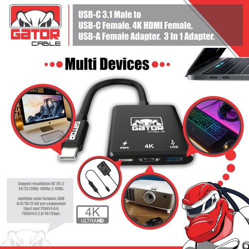 USB-C to HDMI USB-C USB-A 3.0 Adapter Converter 3 in 1 Charger Audio Video 4K HD - Picture 3 of 13