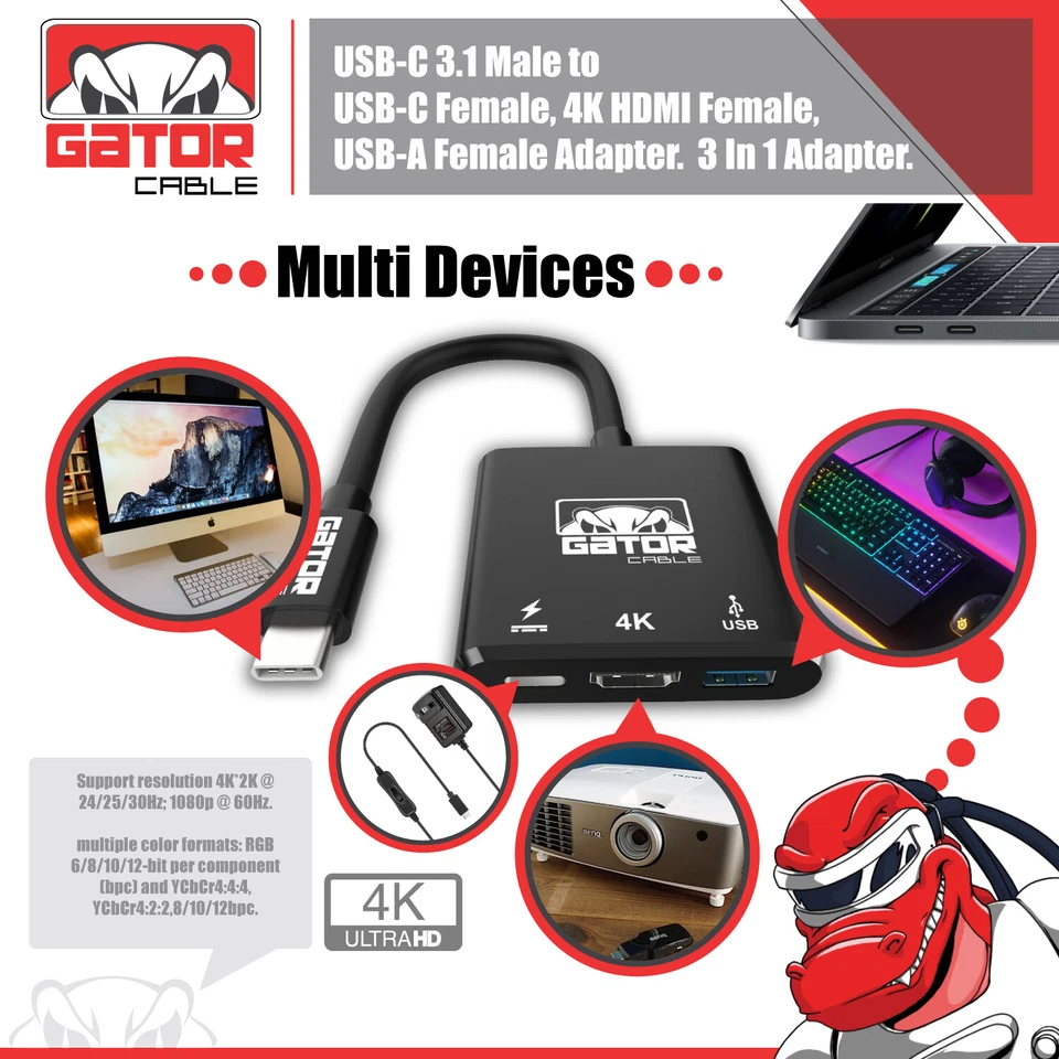 USB-C转HDMI USB-C USB-A 3.0适配器转换器3合1充电器音频视频4K高清 — 第 3/4 张图片