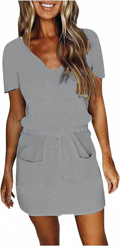 Dress Summer New Striped Popular Women's V-neck Drawstring Short Sleeves - Picture 7 of 22