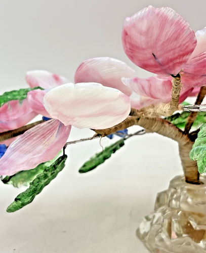 GLASS FLOWER ARRANGEMENT 18" X 11" PINK & BLUE FLOWERS GREEN LEAVES - Picture 11 of 21